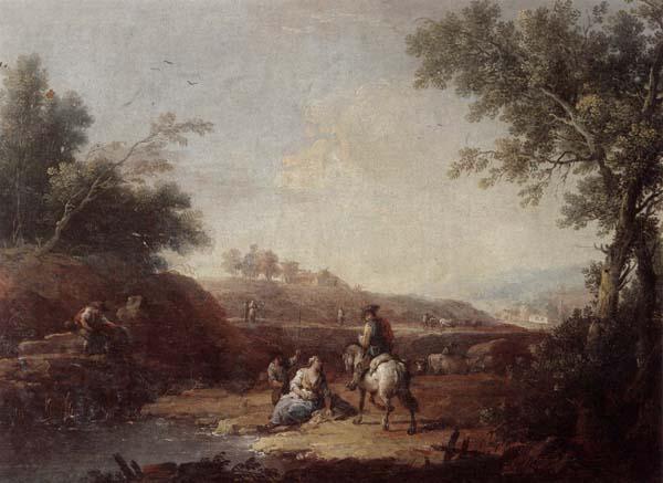 Giuseppe Zais An italianate landscape with fishermen and travellers resting beside a pool